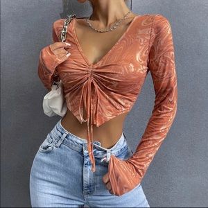 Marble Print Tie Front Crop Top